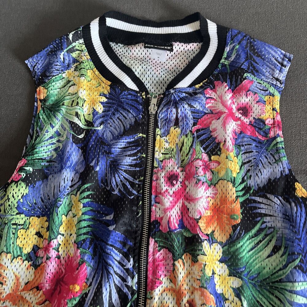 Joe Boxer Women Sz M Sleeveless Zip Up Vest Y2K tropical mesh streetwear